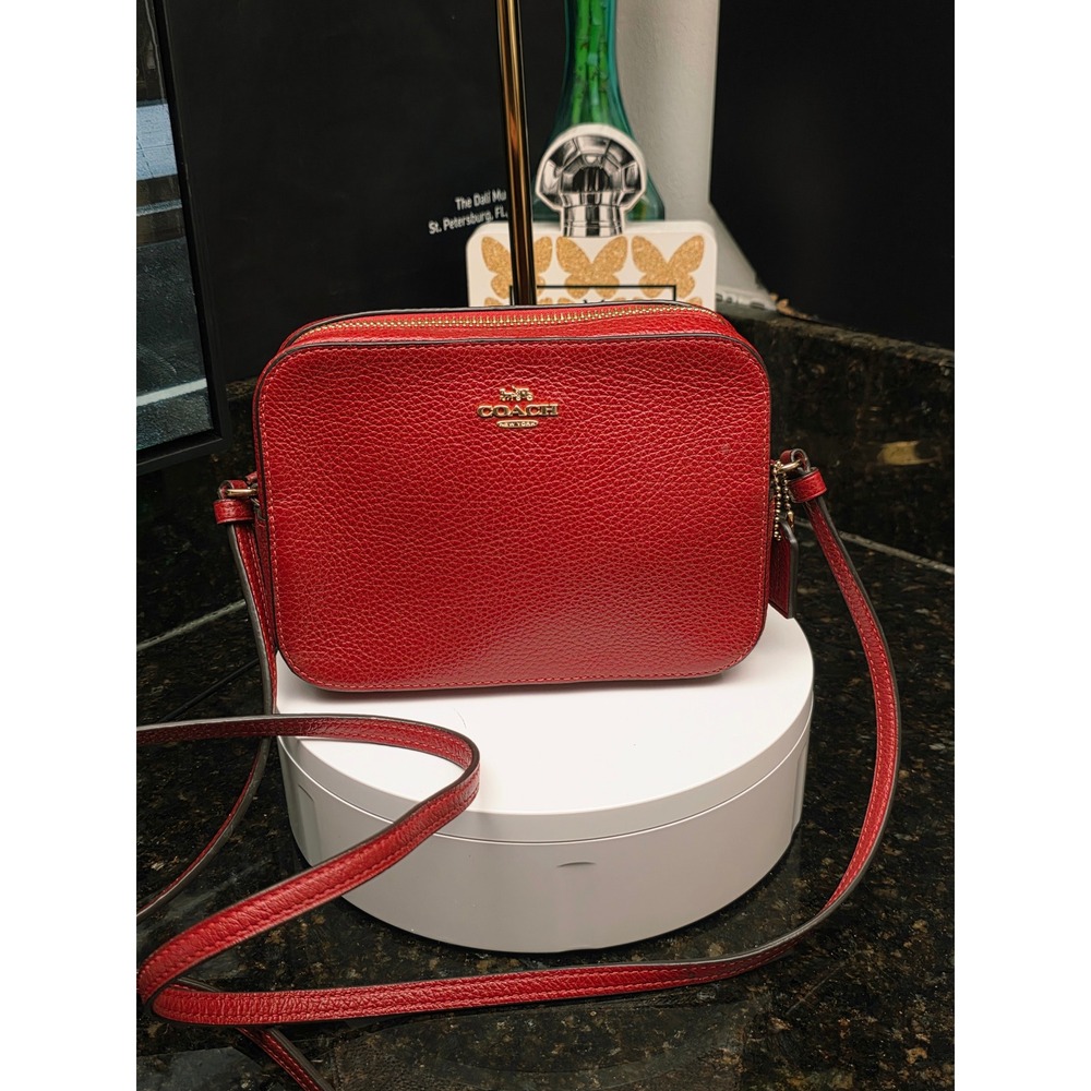 Coach Camera Bag Dark Red Pebbled Leather Gold Hardware Crossbody Mini Purse
